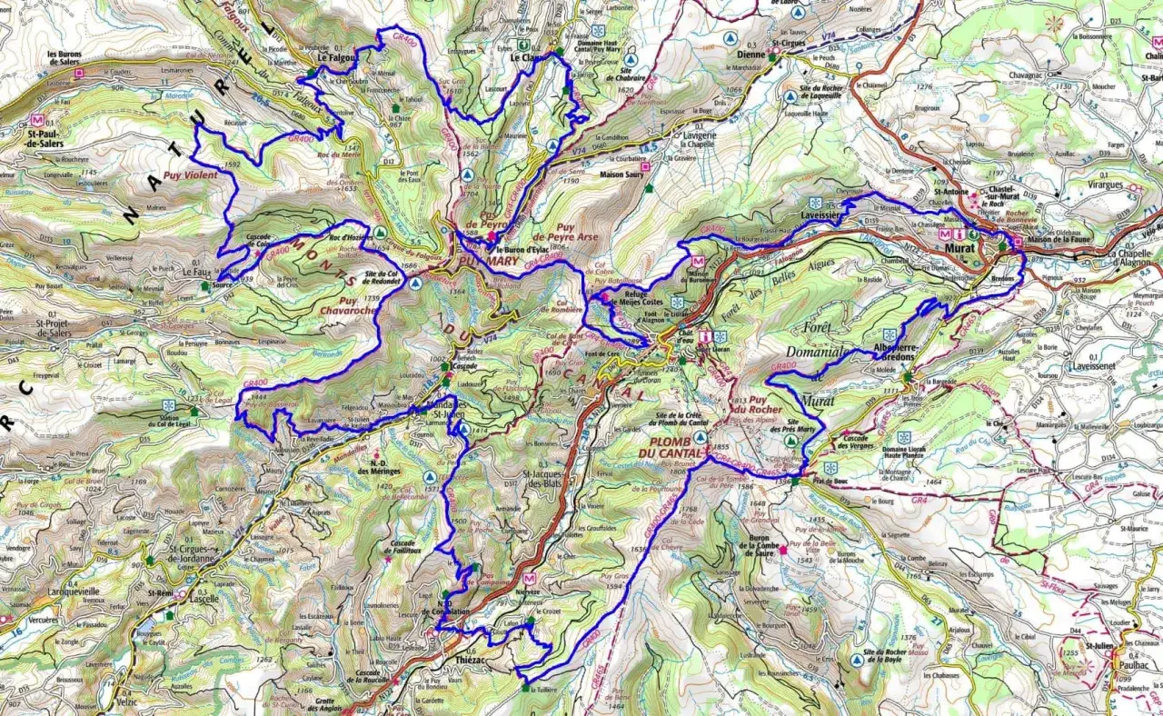 Carte IGN du Cantal, idéale pour une randonnée cantal 2 jours. Les sentiers GR400 et GR465 y sont tracés, traversant le Puy Mary et le Plomb du Cantal.