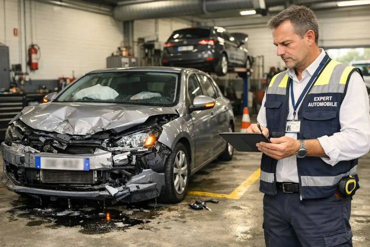 Expert automobile évalue un véhicule économiquement irréparable mais techniquement réparable, devant une carrosserie gravement endommagée.