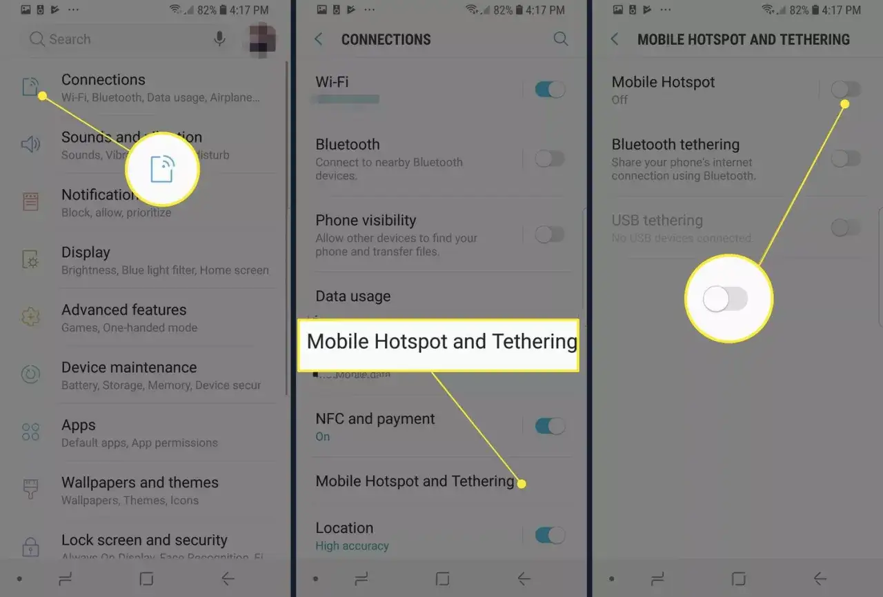 Configuraci&oacute;n de Android para compartir datos: se muestra c&oacute;mo activar el 