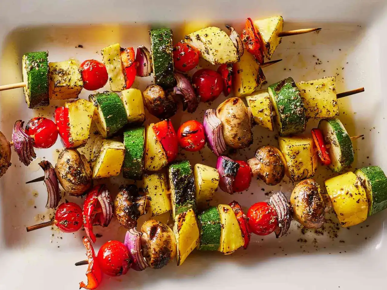 Brochettes de barbecue végétarien colorées : courgettes, tomates cerises, oignons rouges, champignons et poivrons grillés sur des pics en bois.