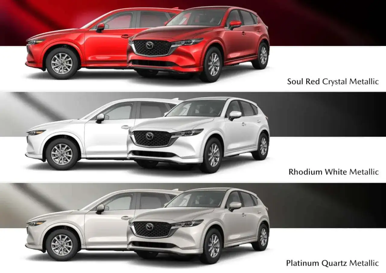 Mazda CX-5 w kolorach lakieru: Soul Red Crystal Metallic, Rhodium White Metallic i Platinum Quartz Metallic. Wybierz swój wymarzony odcień!