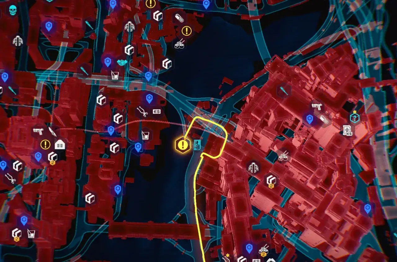 Mapa Night City z żółtą ścieżką prowadzącą do celu. Widać ikony broni, pieniędzy i inne, jakby stary znajomy cyberpunk wzywał na misję.
