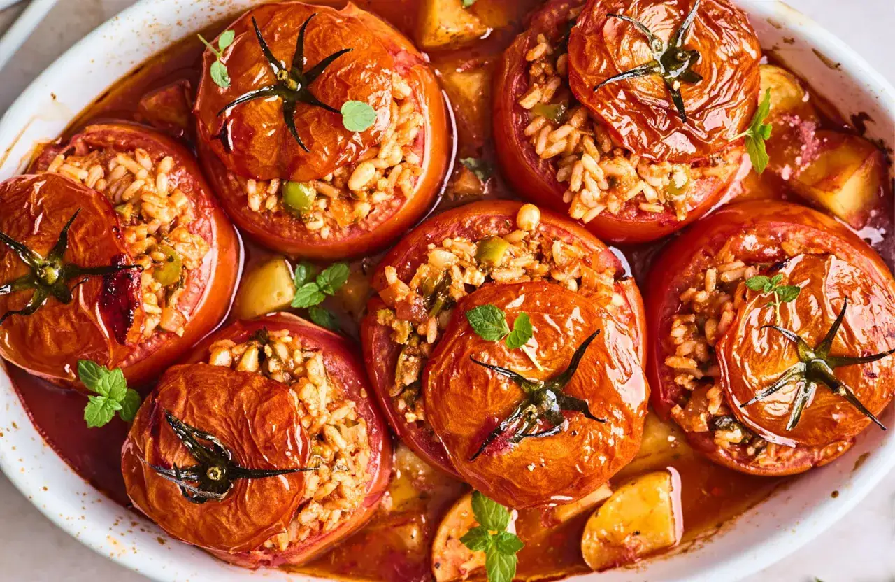 Tomates farcies au four, garnies de riz et d'herbes, baignant dans une sauce savoureuse. Un plat r&eacute;confortant et color&eacute;.