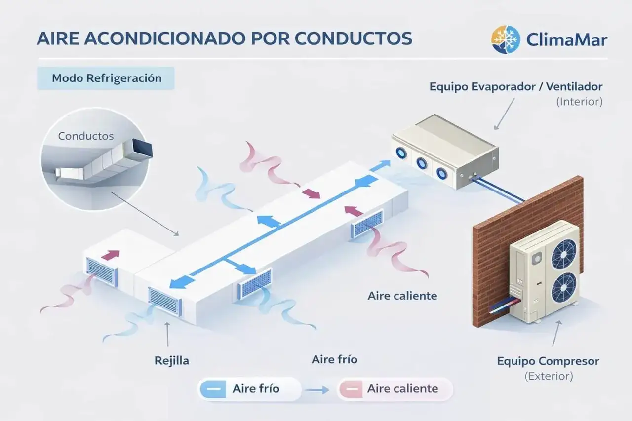 Diagrama de preinstalación de aire acondicionado por conductos en modo refrigeración, mostrando el equipo interior y exterior, conductos y rejillas.