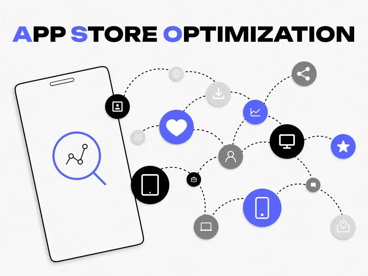 App Store Optimization: Ein Smartphone mit Lupe und Diagramm, verbunden mit Icons f&uuml;r Downloads, Herzen, Nutzer, Computer und Sterne.