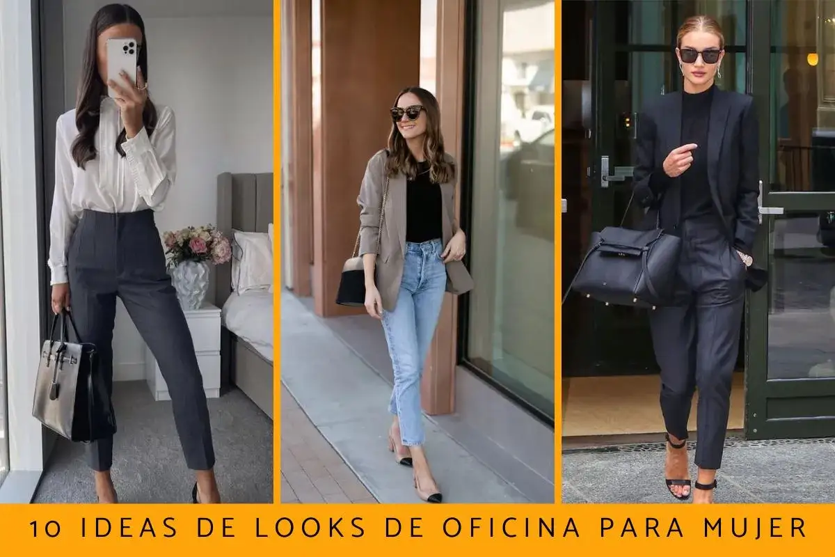 Tres looks de business casual mujer: pantalón gris y blusa blanca, jeans y blazer, traje negro.