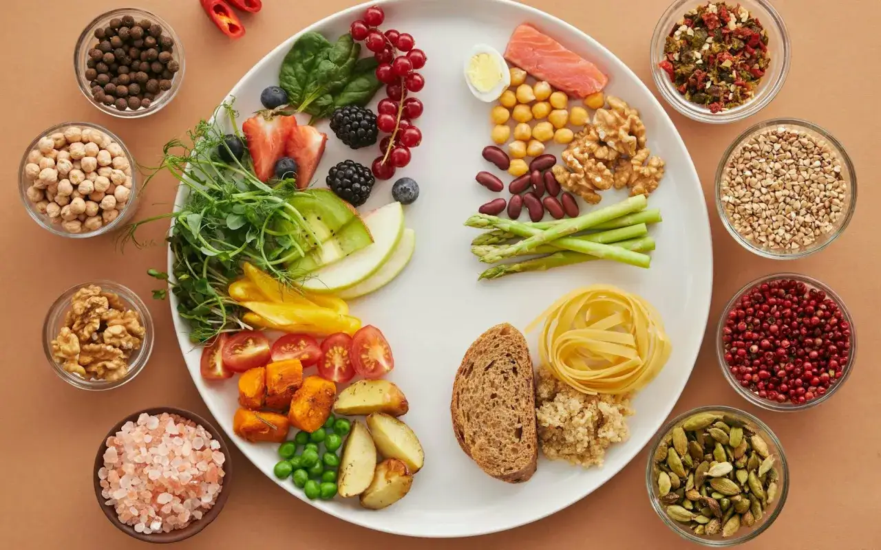 Plato con salmón, verduras, frutas y granos, ideal para una dieta antiinflamatoria.