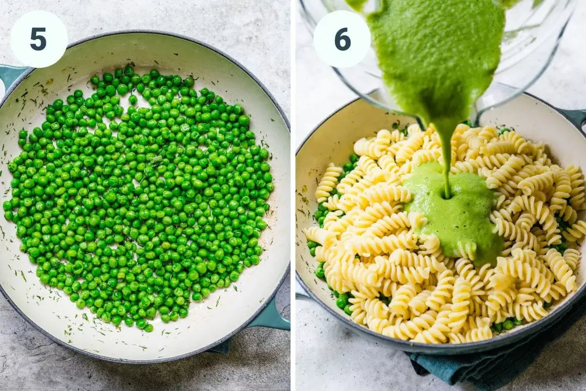 Zielony groszek na patelni i dodawanie go do makaronu fusilli. Powstaje pyszna pasta z zielonego groszku.