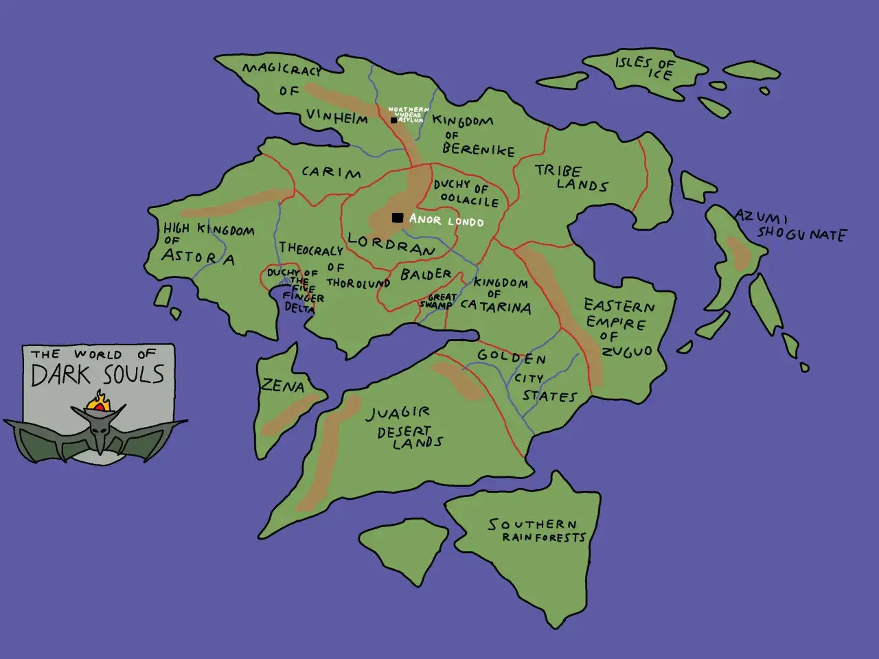 Mapa świata Dark Souls z zaznaczonymi krainami jak Lordran, Anor Londo, Astora. Idealna do solucji.