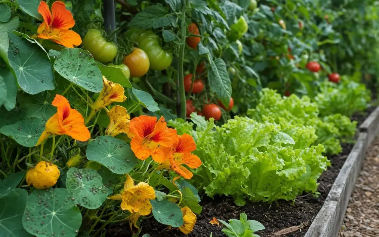 Capucines aux fleurs orange vif, couvertes de pucerons, côtoient des plants de tomates et de laitues dans un potager.