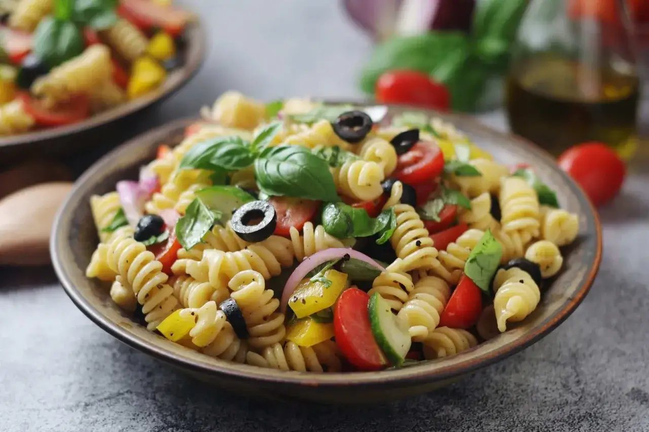 Un'insalata di pasta fredda sfiziosa con fusilli, pomodorini, olive nere, cetrioli, peperoni gialli e basilico fresco.