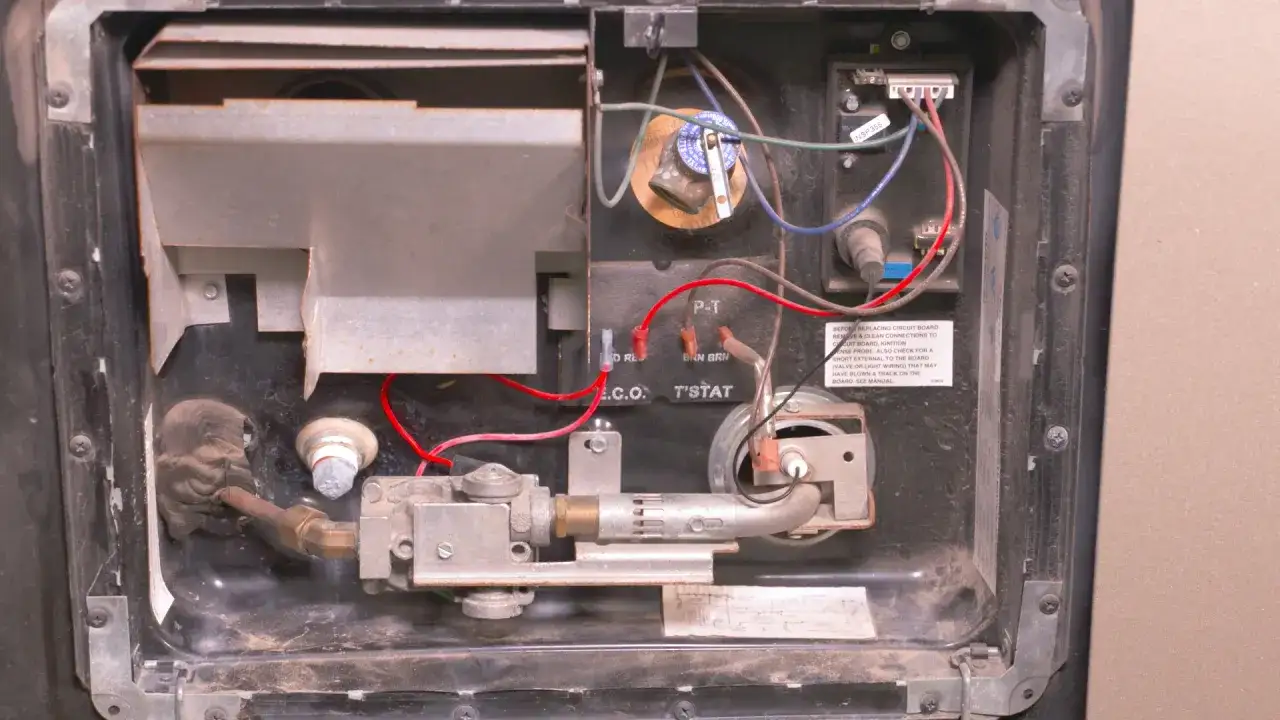 Insidan av en varmvattenberedare med gasregulator, t&auml;ndare och kablar. F&ouml;rberedelser f&ouml;r att fylla varmvattenberedare.