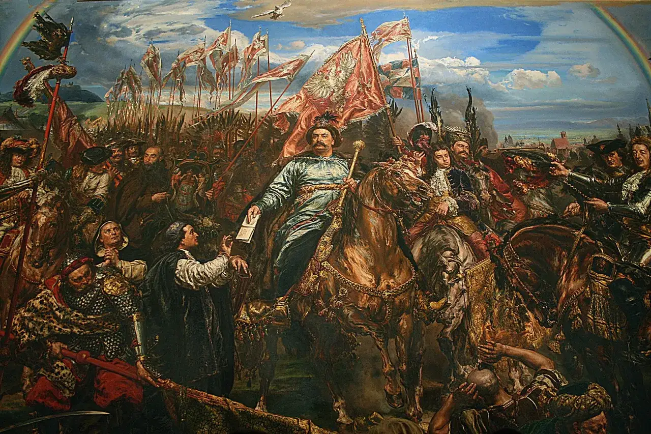 Jan III Sobieski na koniu, z chorągwią, symbolizuje zwycięstwo w bitwie pod Wiedniem.