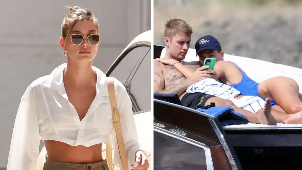 Hailey Bieber w ciąży, w białej koszuli i okularach, obok Justina Biebera na łodzi.