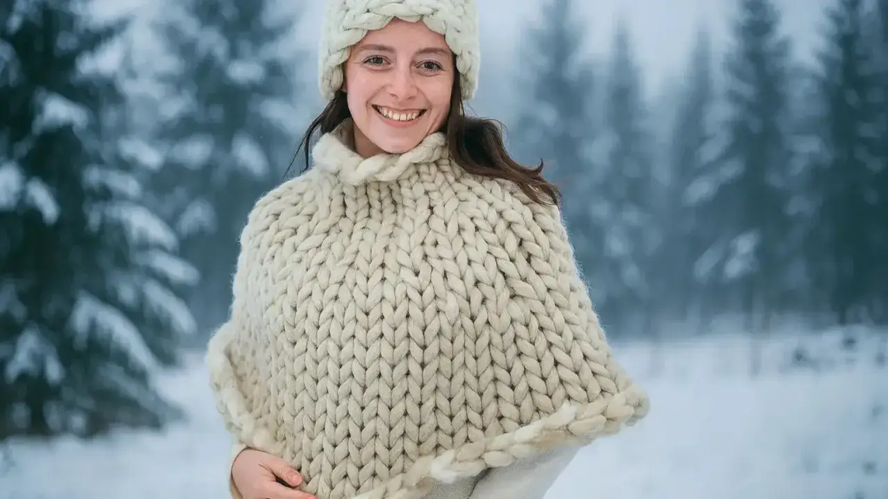 Mujer sonriente con un c&aacute;lido **patr&oacute;n poncho** de lana gruesa, lista para el invierno nevado.