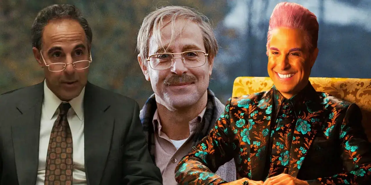Stanley Tucci i tre olika roller: en affärsman, en man med mustasch och glasögon, och en färgstark figur med rosa hår.