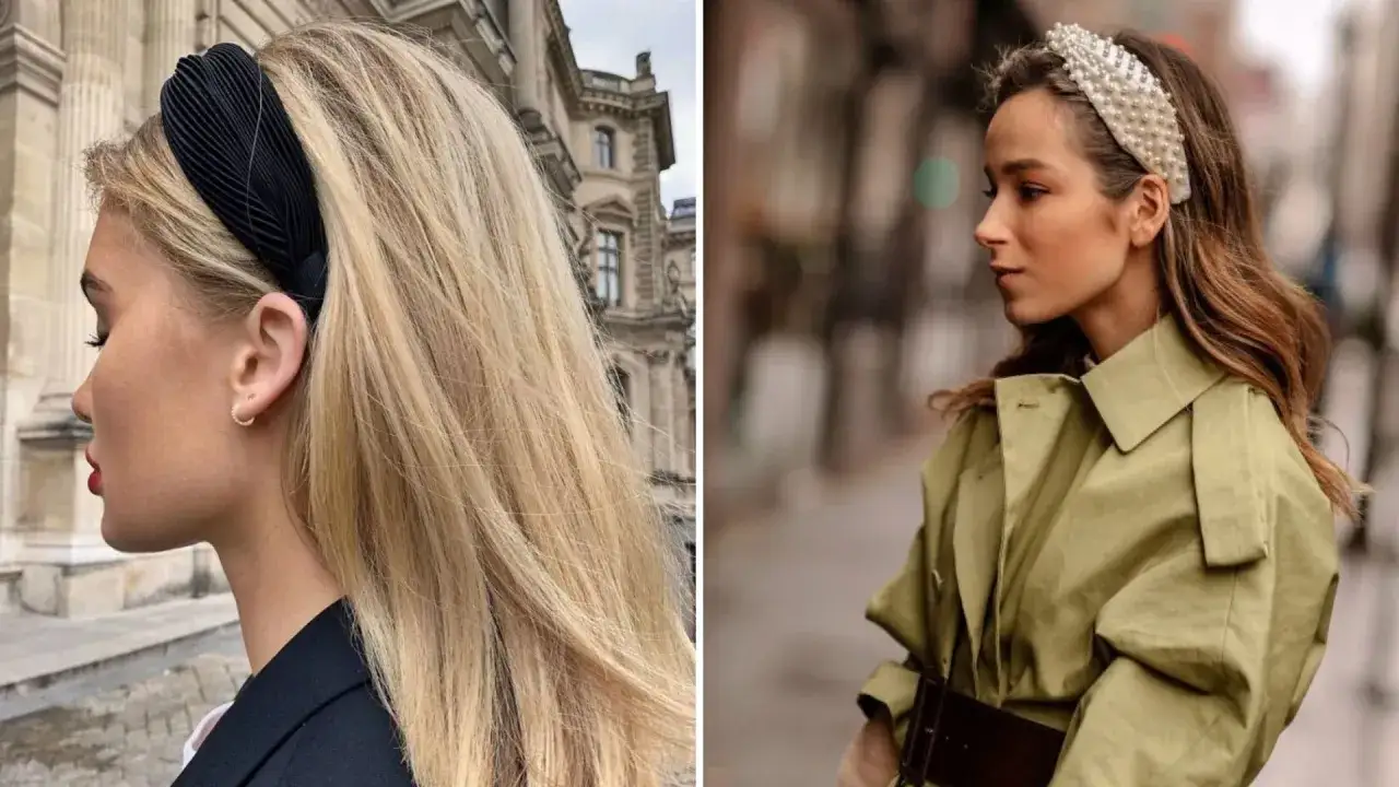 Eleganckie fryzury z opaską: czarna, plisowana dla blondynki i perłowa dla brunetki.
