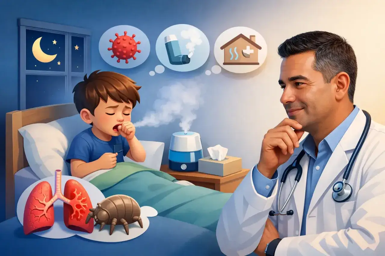 Un niño tose en la cama, mientras un doctor piensa en cómo calmar la tos en niños, considerando virus, asma y ácaros.
