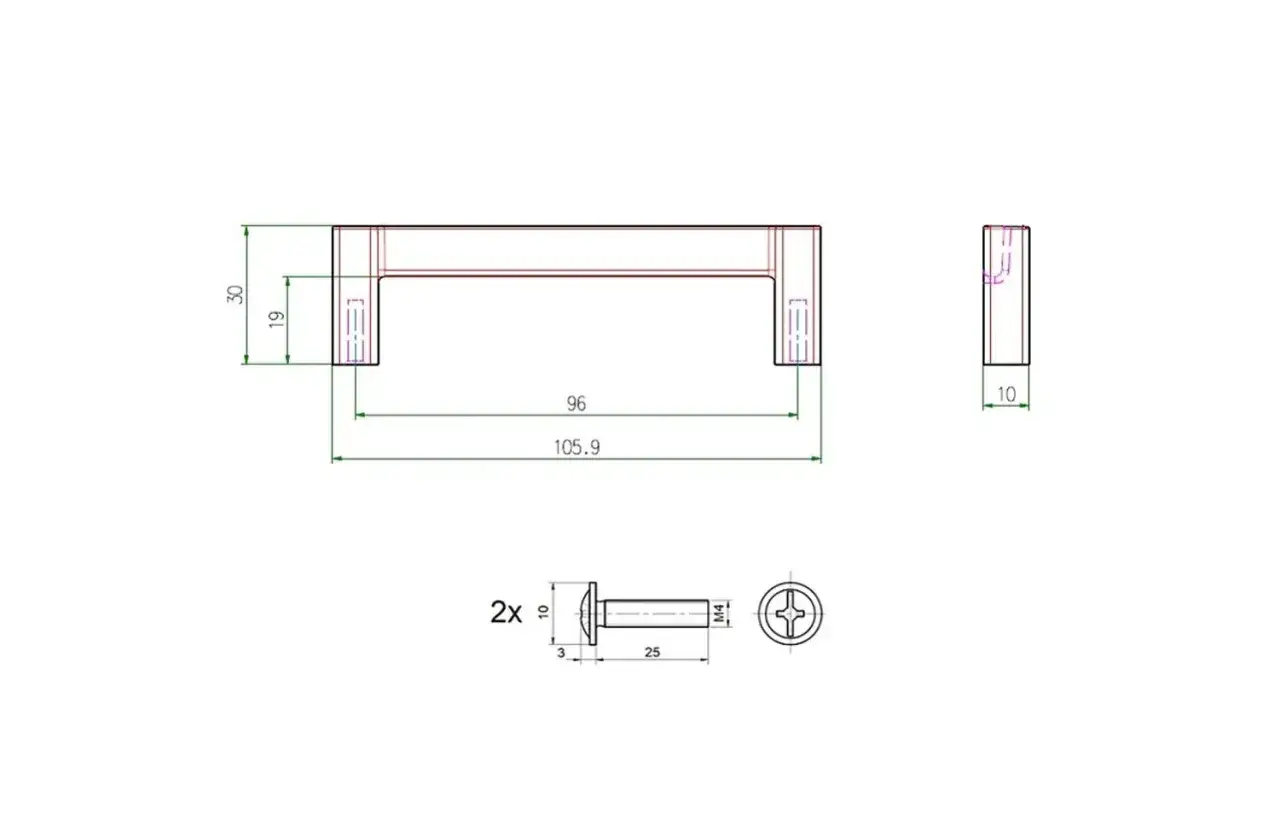 Schemat uchwytu meblowego z wymiarami: rozstawy uchwytów meblowych 96 mm, wysokość 30 mm, głębokość 19 mm. W zestawie śruby M4.