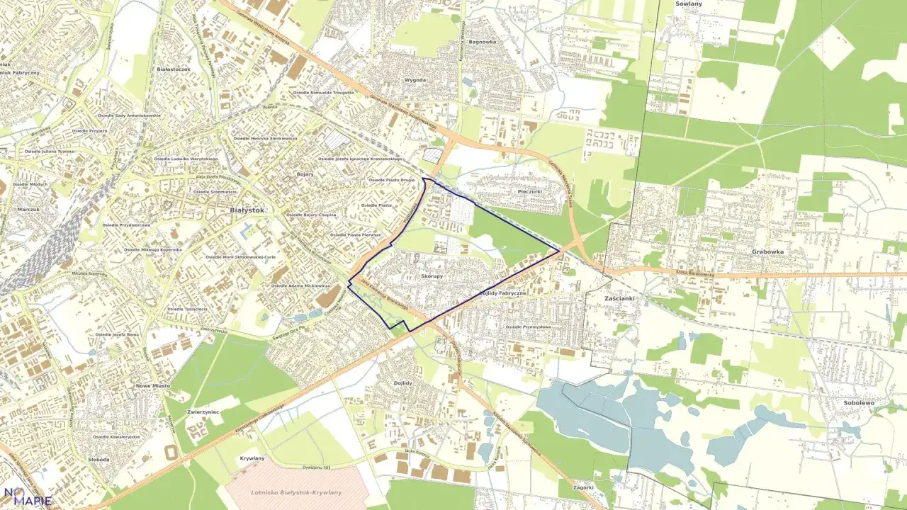 Mapa Białegostoku z zaznaczonym obszarem osiedla Skorupy. Analiza cen mieszkań Białystok w tej lokalizacji.