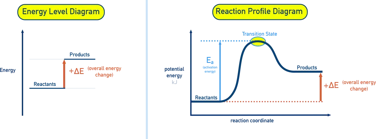 Energielevel-Diagramm und Reaktionsprofil-Diagramm zeigen, wie sich die Energie bei einer exothermen Reaktion ändert. Die Produkte haben mehr Energie als die Reaktanten.