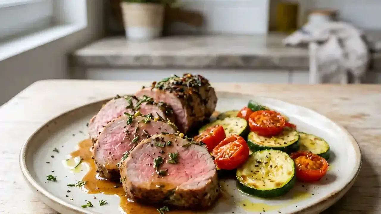 Filet mignon au four, tendre et juteux, servi avec des tomates cerises rôties et des rondelles de courgettes. Un plat savoureux et coloré.