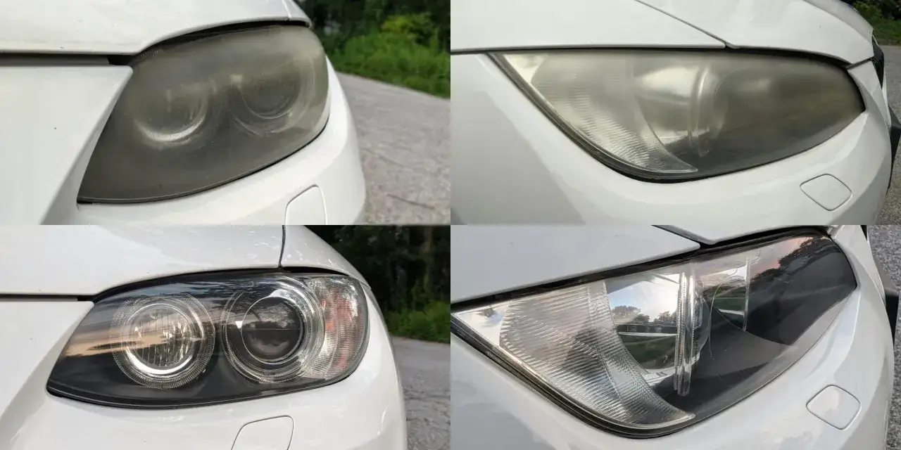 Antes y despu&eacute;s de c&oacute;mo limpiar faros de coche. Los faros opacos se vuelven transparentes y brillantes.