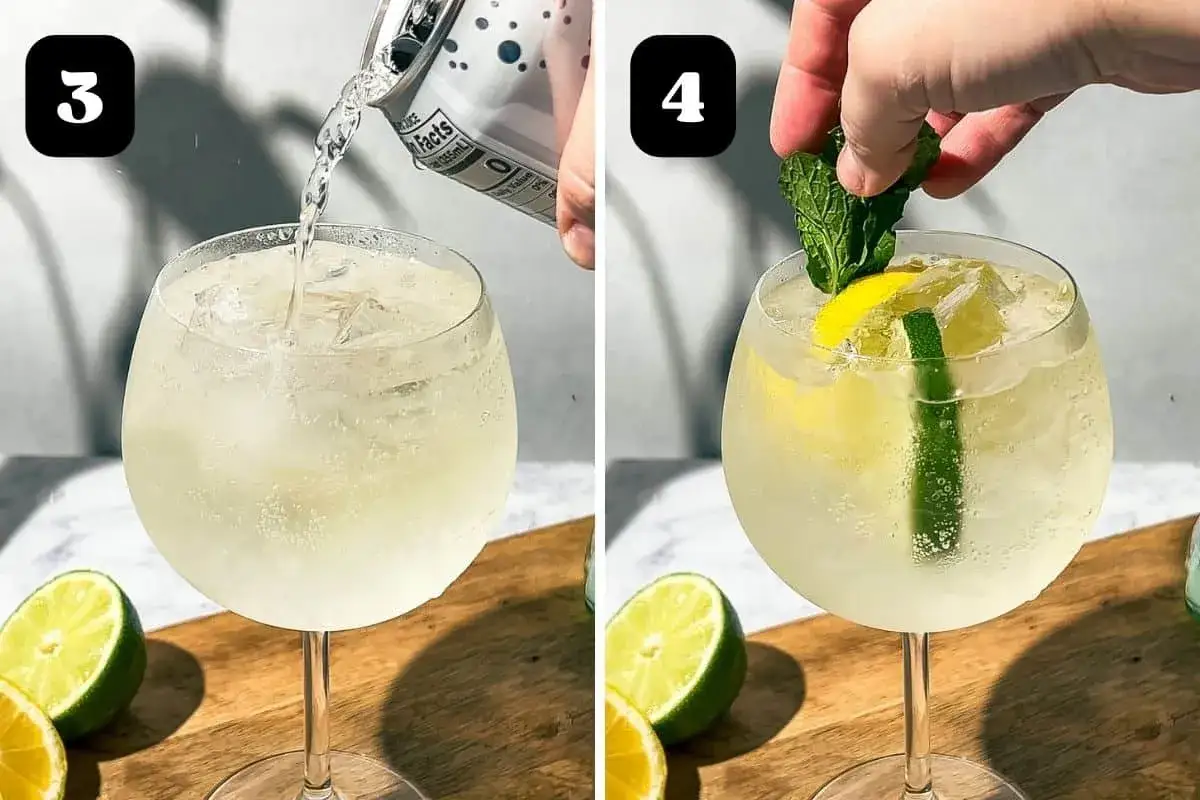 Przygotowanie orzeźwiającego drinka z Martini Bianco: nalewanie wody gazowanej do kieliszka z lodem i cytryną, a następnie dodawanie mięty.