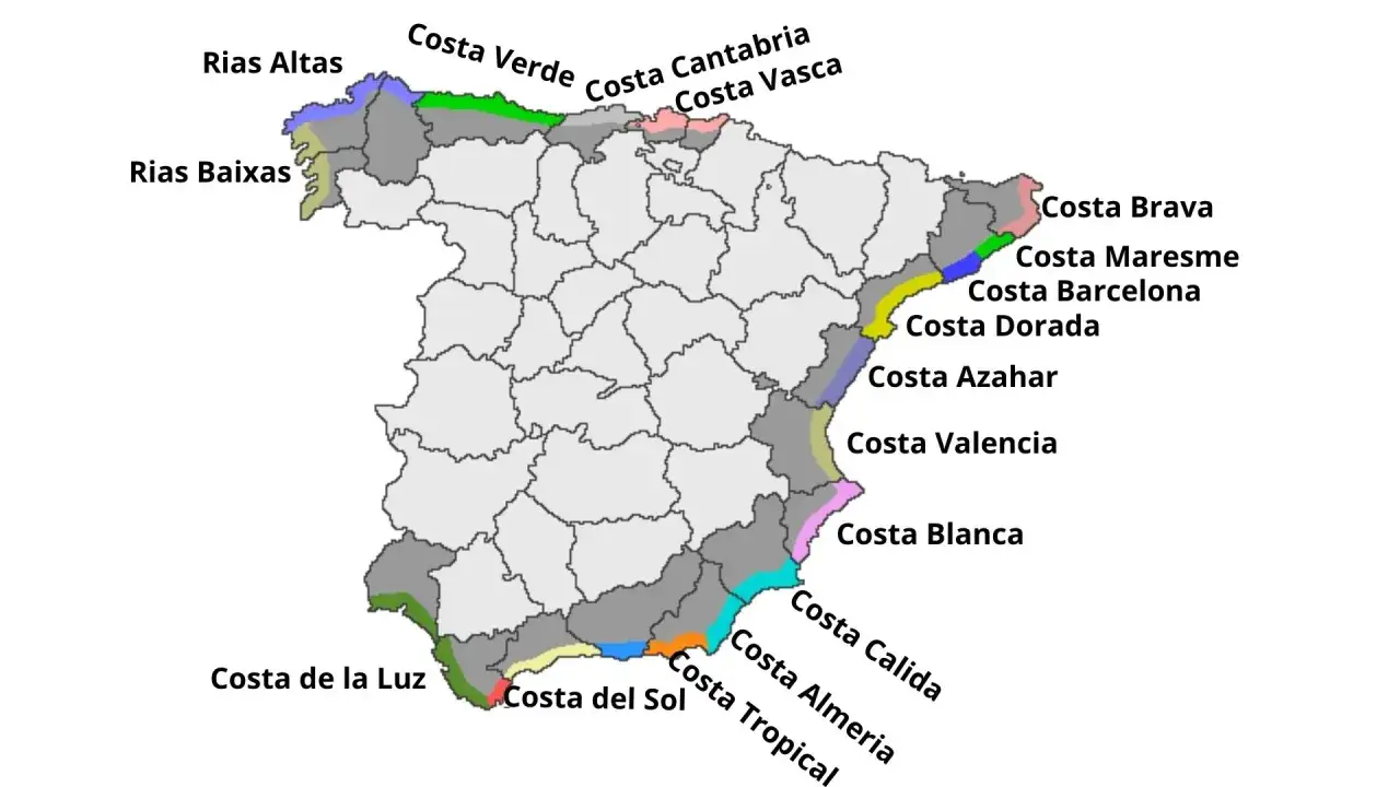 Mapa Hiszpanii z podziałem na wybrzeża: Rias Baixas, Costa de la Luz, Costa del Sol, Costa Tropical, Costa Almeria, Costa Calida, Costa Blanca, Costa Valencia, Costa Azahar, Costa Dorada, Costa Barcelona, Costa Maresme, Costa Brava, Costa Vasca, Costa ...