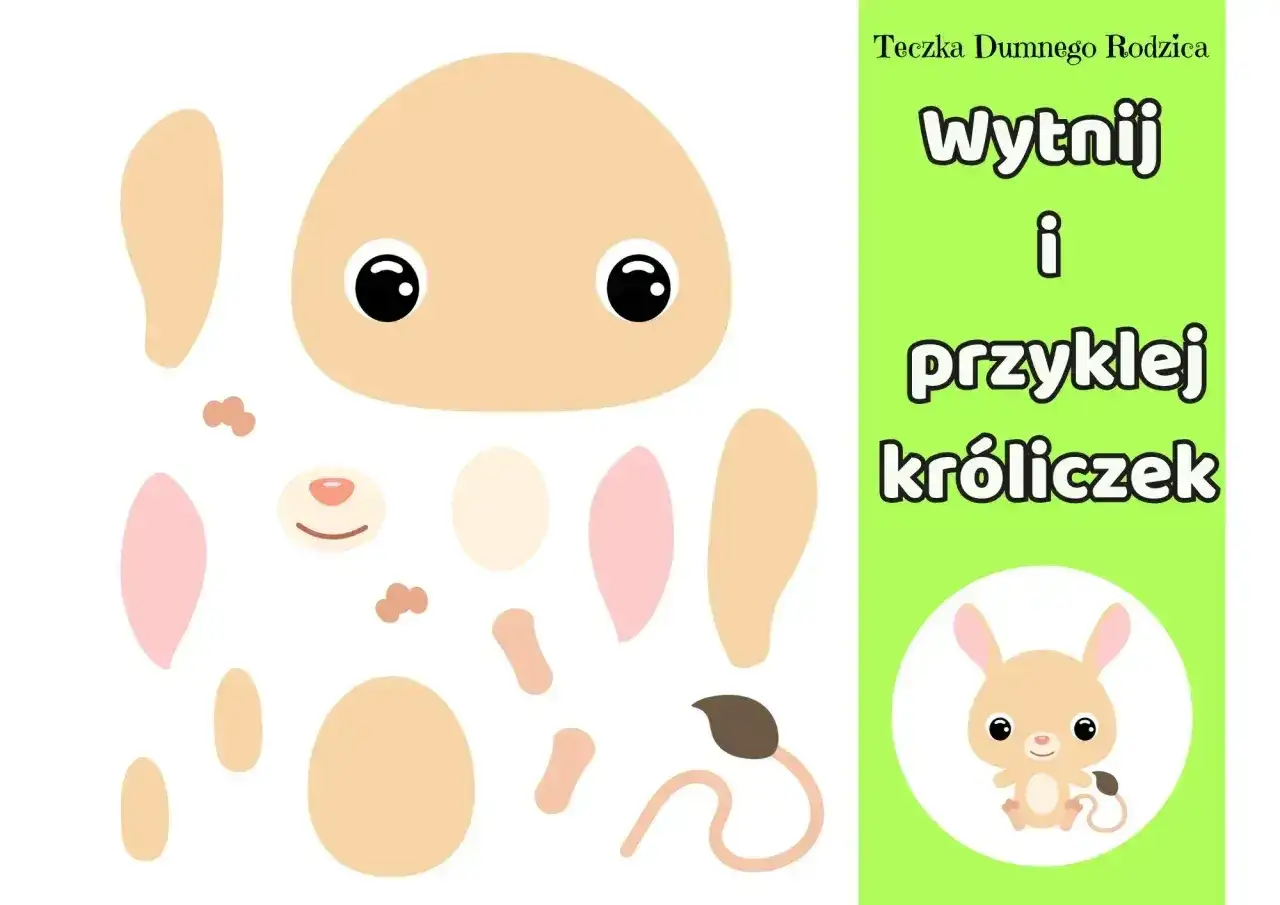 Wycinanie po śladzie do druku: części do złożenia uroczego kr&oacute;liczka. Zł&oacute;ż go i przyklej, by stworzyć własnego przyjaciela.