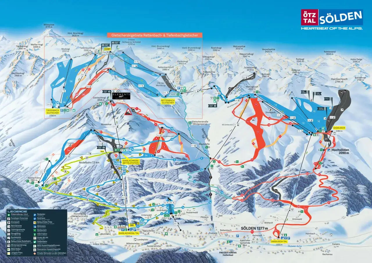 Mapa tras narciarskich Sölden, Austria. Znajdź idealne stoki, gdzie na narty w Alpach.
