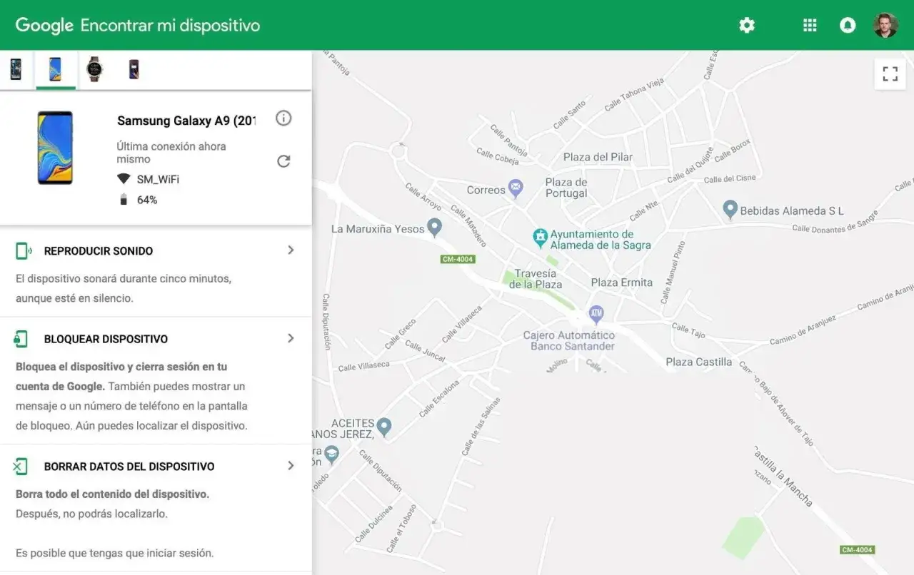 Interfaz de Google para localizar m&oacute;vil Android. Muestra un Samsung Galaxy A9 con su ubicaci&oacute;n en un mapa.