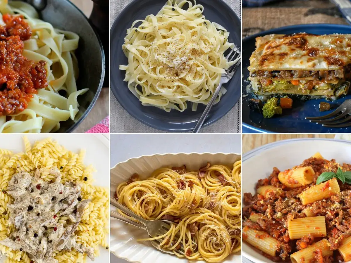 Variedad de deliciosas recetas de pasta: fettuccine con boloñesa, lasaña, fusilli con crema, spaghetti carbonara y rigatoni con ragú.