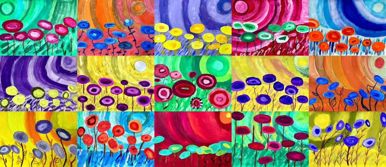 Un collage di dipinti astratti di fiori, che esplora i colori complementari quali sono. Ogni riquadro presenta fiori stilizzati in vivaci combinazioni cromatiche.