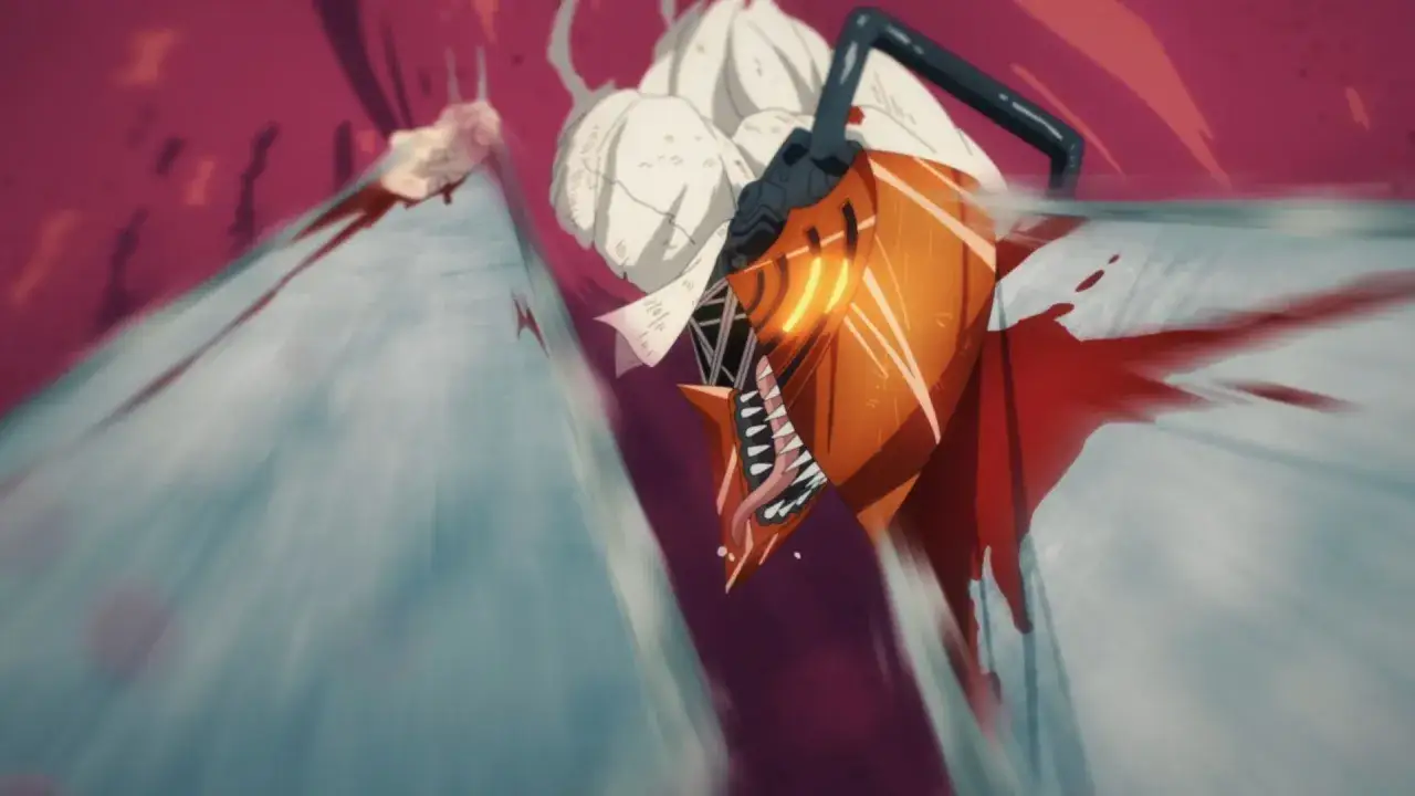 Chainsaw Man Staffel 2: Denji im Kampf, Kettensägenkopf mit blutigen Klingen.