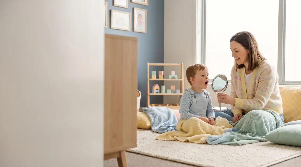 Mama z lusterkiem ćwiczy z synkiem mowę, by odzwyczaić go od ssanie kciuka u 3 latka.