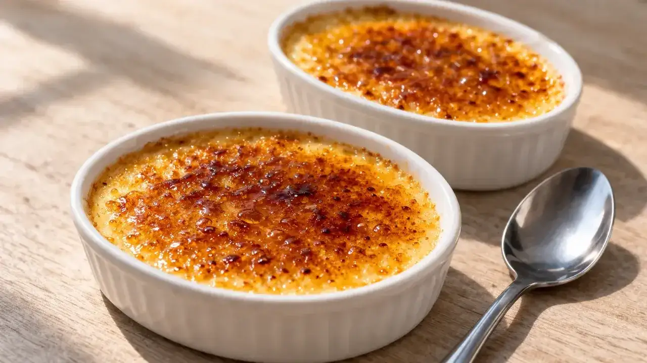 Deux d&eacute;licieux cr&egrave;mes br&ucirc;l&eacute;es dans des ramequins blancs, leur cro&ucirc;te caram&eacute;lis&eacute;e dor&eacute;e et craquante sous la lumi&egrave;re du soleil. Une cuill&egrave;re repose &agrave; c&ocirc;t&eacute;.