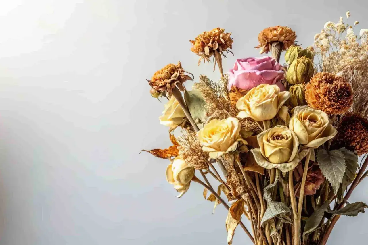Un ramo de rosas secas amarillas y una rosa rosa, junto a flores secas marrones y blancas. Un ejemplo de cómo preservar flores para siempre.