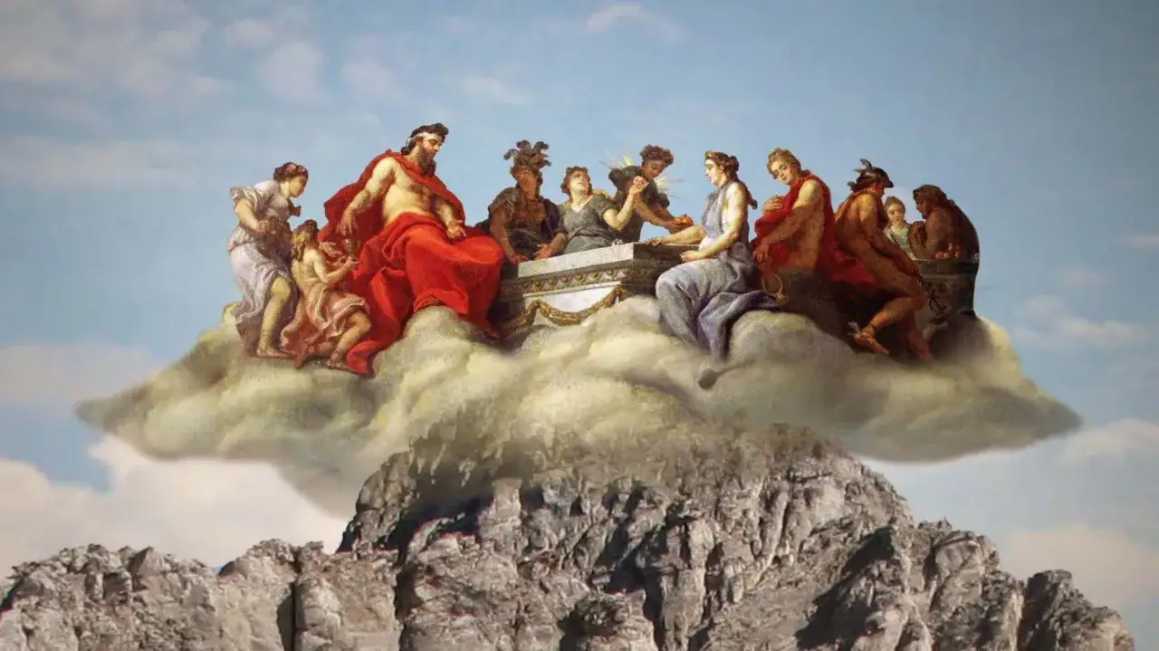 Scène de l'Olympe, divinités de la mythologie grecque réunies sur un nuage au-dessus d'un sommet rocheux.