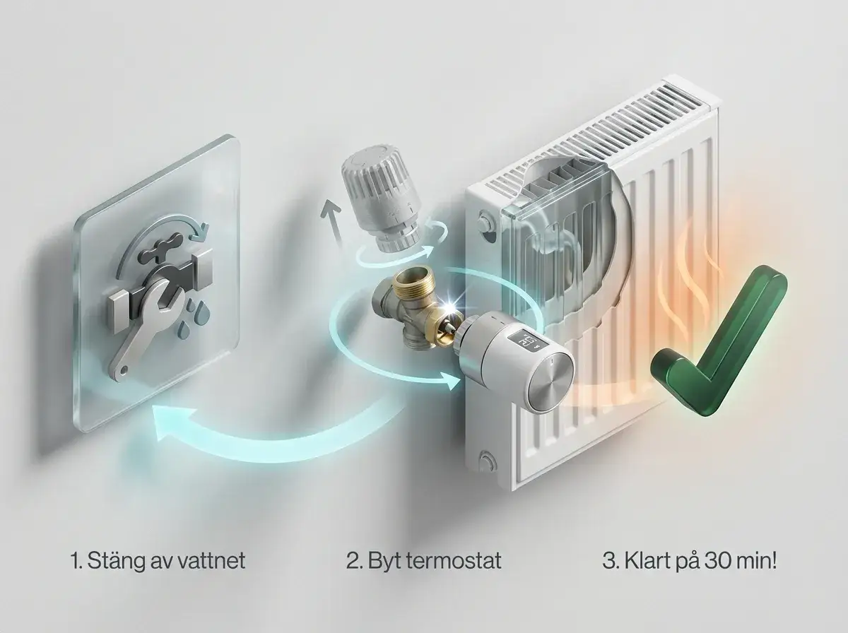 Steg-f&ouml;r-steg-guide f&ouml;r att byta termostat element: st&auml;ng av vattnet, byt termostat, klart p&aring; 30 min.
