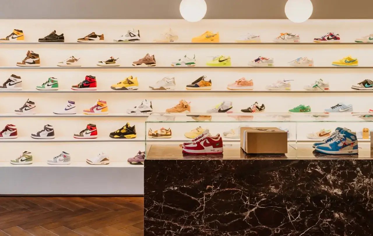 Wiele par butów na półkach sklepowych, od klasycznych Air Jordan po kolorowe sneakersy. Czy grail point jest legit? Wygląda na to, że tak, bo wybór jest imponujący!