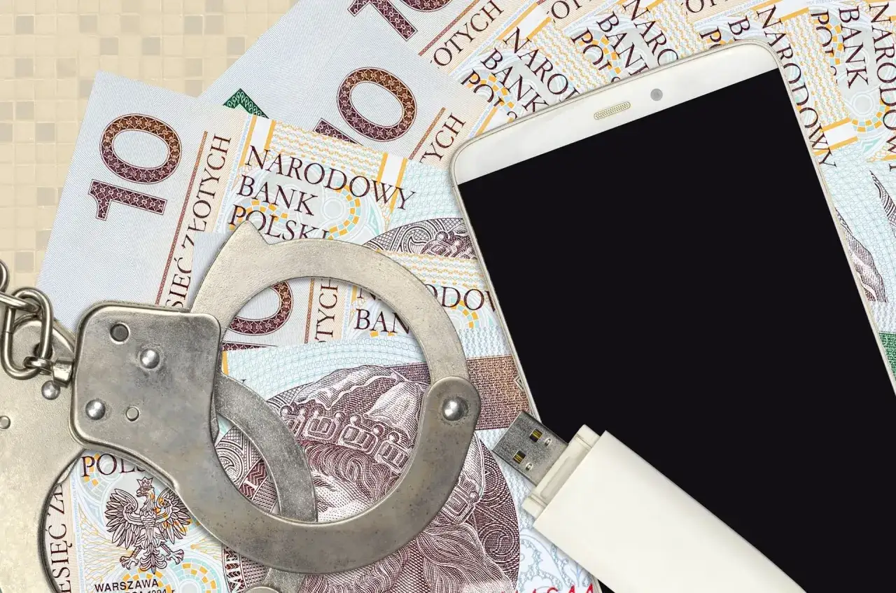 Kajdanki, telefon i pendrive na tle banknotów. Symbolika przestępstwa finansowego, np. art. 286 par. 1 k.k.