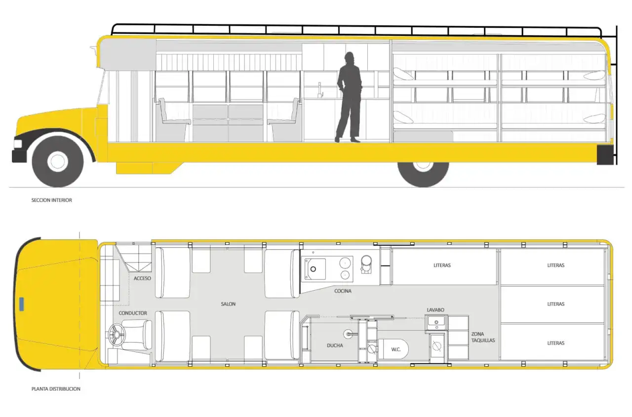 Plano de un autocar camperizado con salón, cocina, ducha, WC, lavabo y literas.