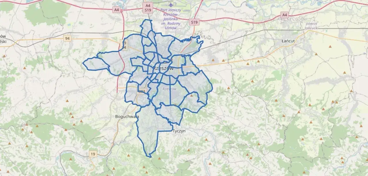 Mapa Rzeszowa z zaznaczonymi dzielnicami i cenami nieruchomości