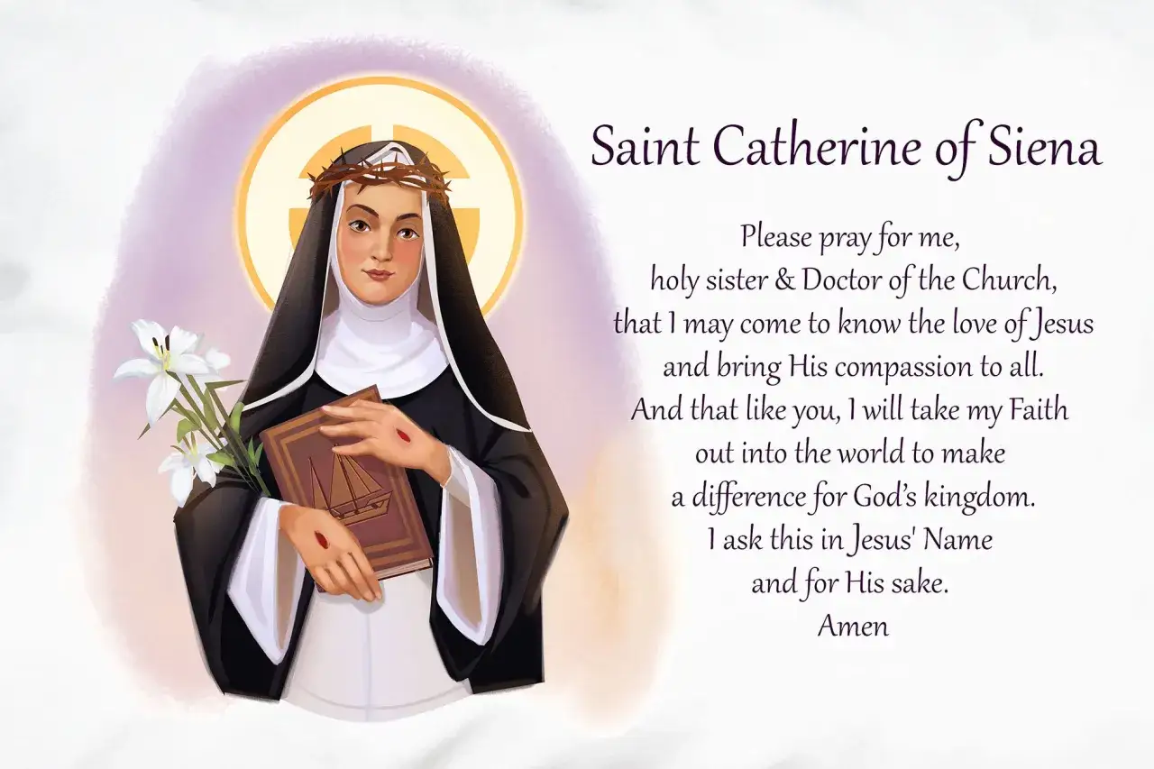 Illustration of Saint Catherine of Siena wearing a crown of thorns, holding lilies and a book, with stigmata on her hands.