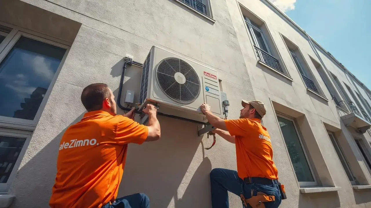 Dwóch techników w pomarańczowych koszulkach montuje jednostkę klimatyzacyjną na ścianie budynku.