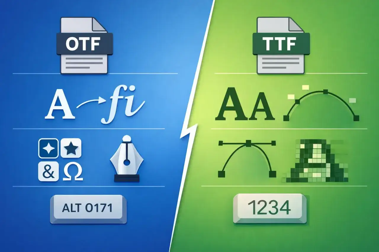 Porównanie formatów OTF i TTF. Po lewej: ligatura