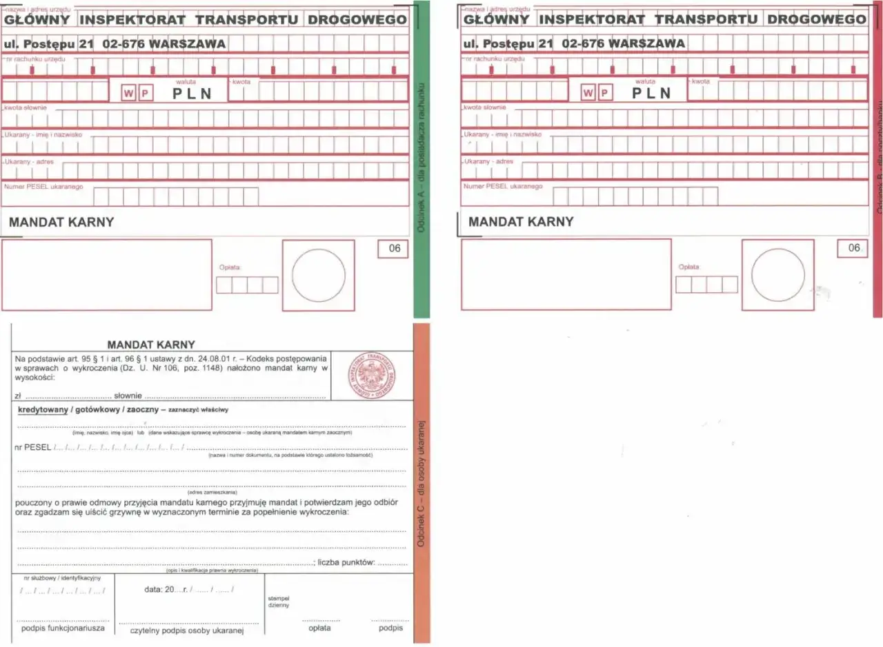 Mandat karny z Inspektora Transportu Drogowego. Określa ile czasu na zapłacenie mandatu, dane ukaranego i wysokość grzywny.
