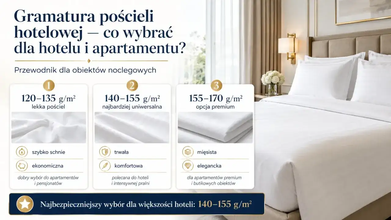 Przewodnik po gramaturze pościeli hotelowej: lekka (120-135 g/m&sup2;), uniwersalna (140-155 g/m&sup2;) i premium (155-170 g/m&sup2;).