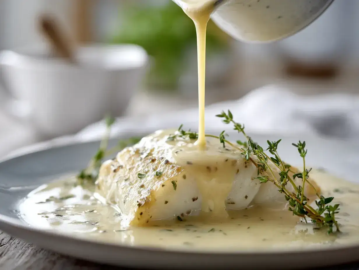 En kr&auml;mig s&aring;s till fisk h&auml;lls &ouml;ver en perfekt tillagad fiskfil&eacute;, garnerad med f&auml;rsk timjan.
